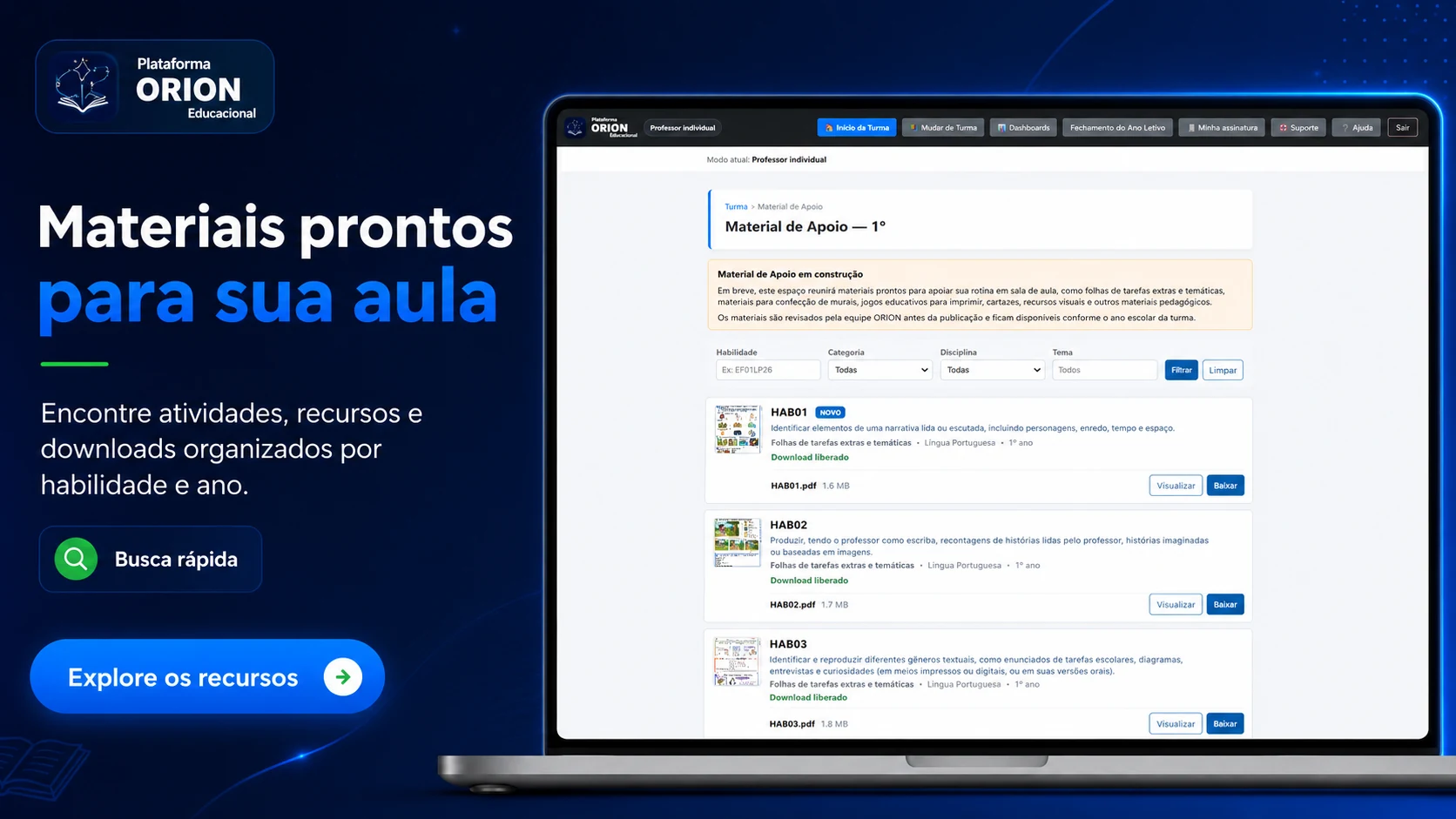Tela real da biblioteca de materiais de apoio da Plataforma ORION organizada por habilidade e ano